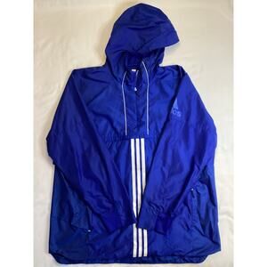 adidas Blue Striped Windbreaker Men's 2XL Hooded Half-Zip Jacket Mesh Lining